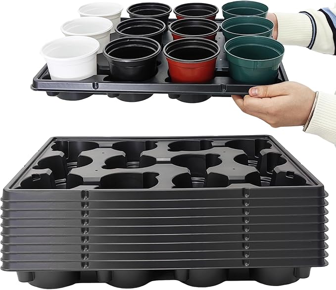 RooTrimmer 12 Cell Round Nursery Pots Trays Thickened Durable Seedling Pots Shuttle Carrying Trays for Holding 4 inch Nursery Pots (16.85" × 12.6", 10-Pack)