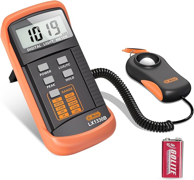 Dr.meter LX1330B Digital Illuminance Light Meter, 0-200,000 Measurement Range Lux Meter, Lighting Intensity Brightness Measurement for Indoor Outdoor, Light Meters for Plants