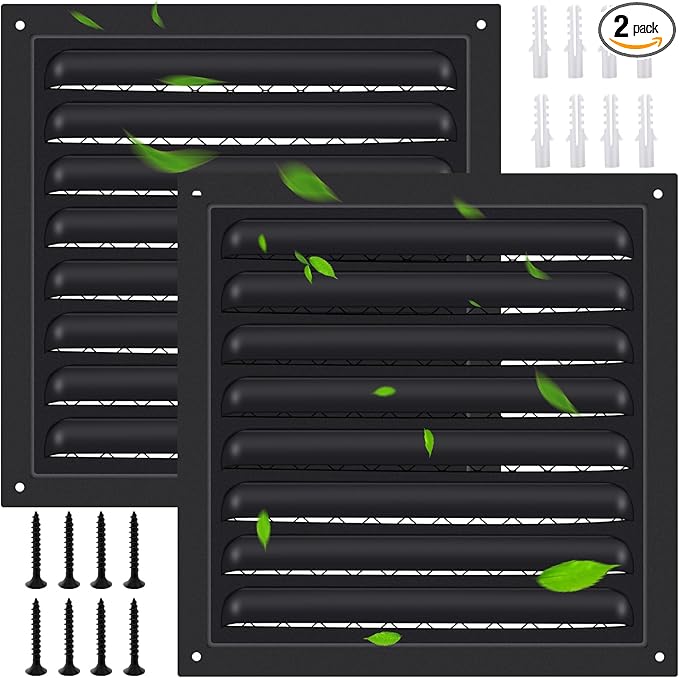 2 Pcs 8" X 8" Attic Vent Metal Shed Vents Gable Vents Louver Vent Grille with Screen Mesh for Home Garage Attic Ceiling, Boost Ventilation and Guard Against Moisture (Black)