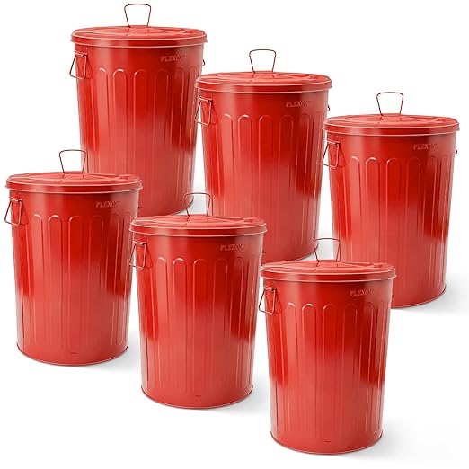 Plexon 20 Gallon Metal Trash Can with Lid Outdoor Large Trash Bin Steel Garbage Can for Garage Patio Farmhouse Bucket Bird Seed Storage Can Heavy Duty Round Container, Red 6 Pack