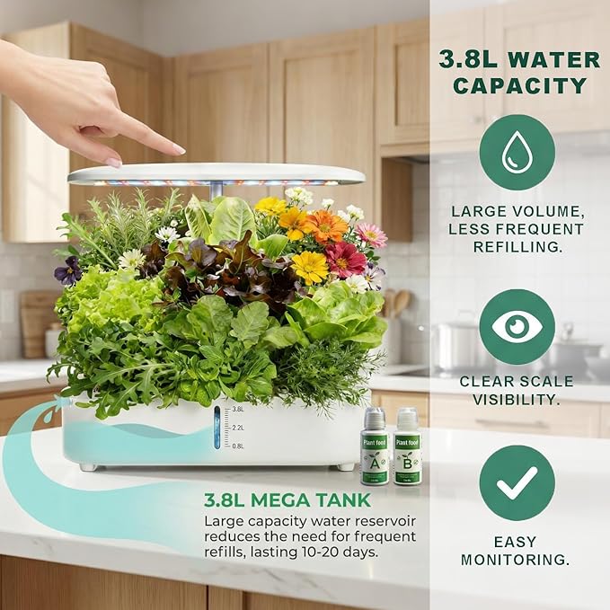 Hydroponics Growing System Kit, Soil-Free Indoor Herbs Garden, 12 Pods Plant Growth Equipment with 24W Full Spectrum LED Grow Light, Smart Silent Cycle Water Pump, 3.8L Tank for Gardening