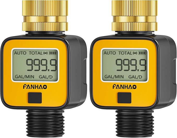 FANHAO 2 Pack Water Flow Meter with Brass Inlet Metal Thread, Measure Gallon/Liter Consumption and Flow Rate, High Accuracy & IPX6 Waterproof for Outdoor Garden Hose Watering, RV Water Tank Filling