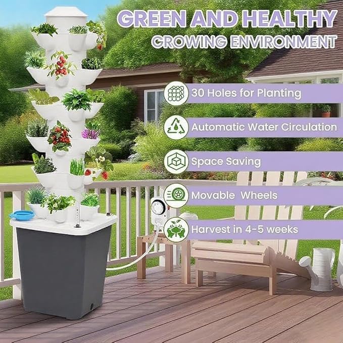 Hydroponics Growing System, 30 pods Hydroponics Tower Growing System Indoor Vertical Garden Planter Indoor Smart Garden Kit with Pump and Movable Water Tank Vegetable Plant Gift (Classic)