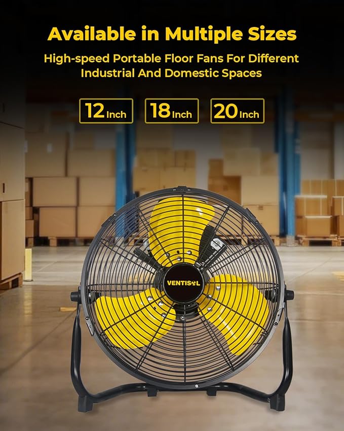 VENTISOL 12 Inch Portable Floor Fan, 3 Speed Metal Industrial Shop Fans with 180° Tilt, 1700 CFM High Velocity Heavy Duty Fan, for Bedroom, Garage, Workshop