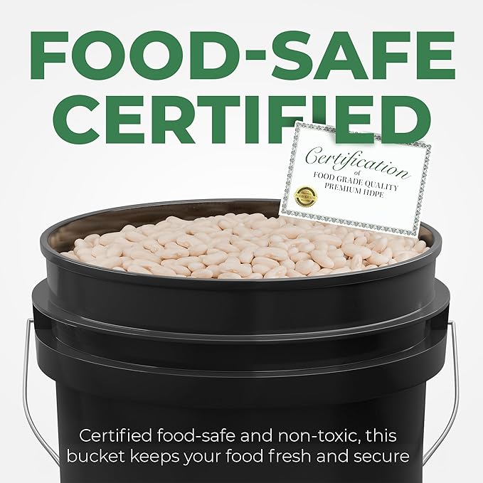 EconoHome 5-Gallon Black Bucket Pail Container with Lid | Metal Handles with Plastic Grip for Easy Carrying | Easy Stack and Store | Heavy-Duty Extra Durable | Food Grade | BPA Free - 5 Pack