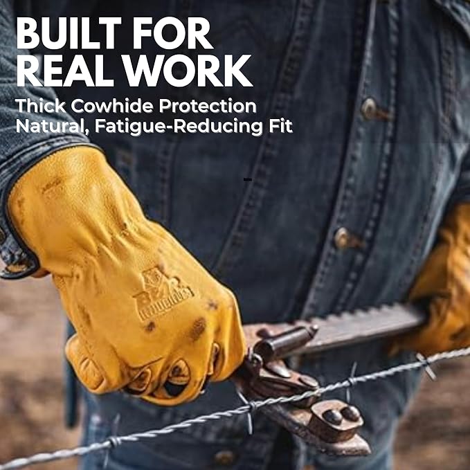 Bear Knuckles Leather Gloves for Men. Heavy Duty Cowhide Mens Work Gloves with Pre-Curved Fingers. Outdoor Work Gloves, Durable Leather Gloves for Construction & Yardwork. HD361