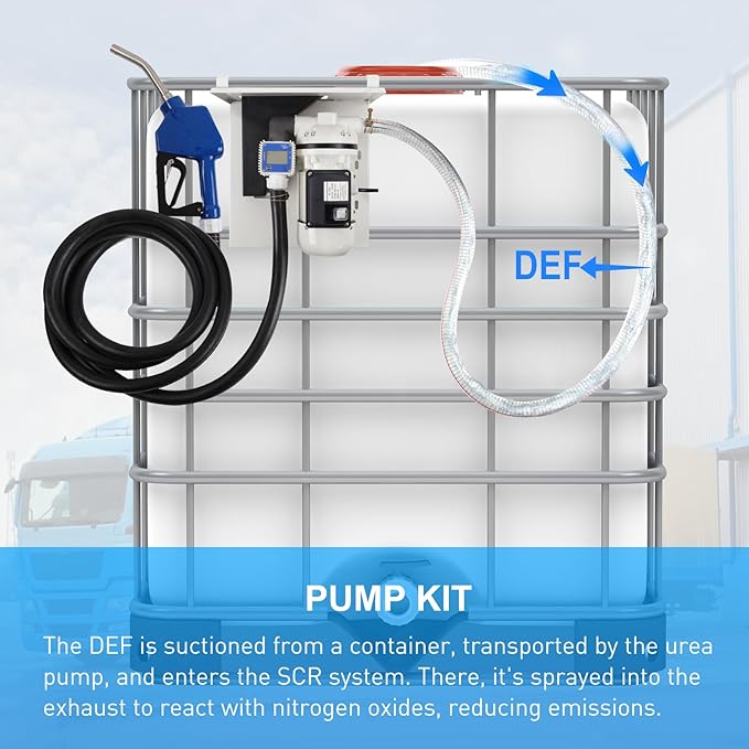 DEF Pump Kit - 110 Volt Diesel Exhaust Fluid System With Totes, Drums, and Wall Mounts, Flow Meter, Coupler, SS Auto Nozzle, 20' Hose