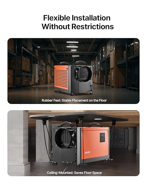 VEVOR 70 Pints Commercial Dehumidifier with Drain Hose, Portable Crawl Space Dehumidifiers for Basement Storage Room Industrial, Auto Defrost/Drainage, Heavy-duty Galvanized Steel, LED Indicate