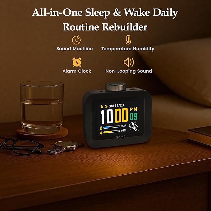 Dekala AuraDot 7-Day Programmable Alarm Clock for Bedroom, 4 Independent Max 98db Loud Alarm for Heavy Sleepers, Temperature Humidity Monitor, 30 Non-Loop Soothing White Noise Sound Machine, Black