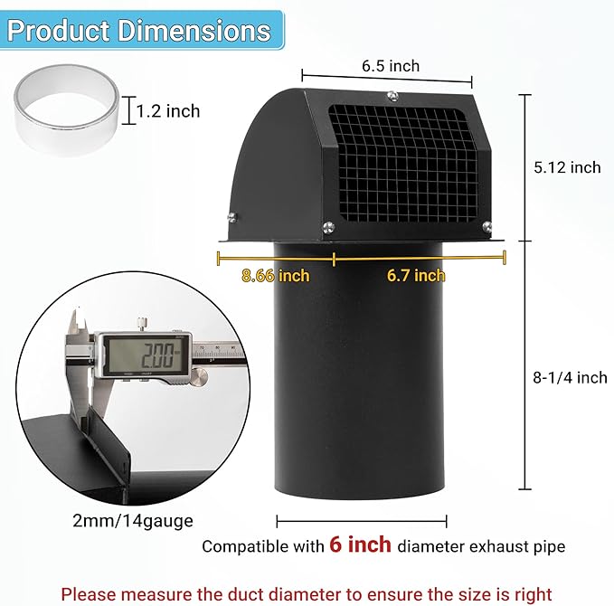 Neoaider 6 Inch Hooded Wall Vent Cover with Screen and Damper, 14GA/2MM Thick Heavy-Duty Steel Vent Covers for Wall, Vent Cover for Dryer Ventilation and Outdoor Air Exhaust, Black