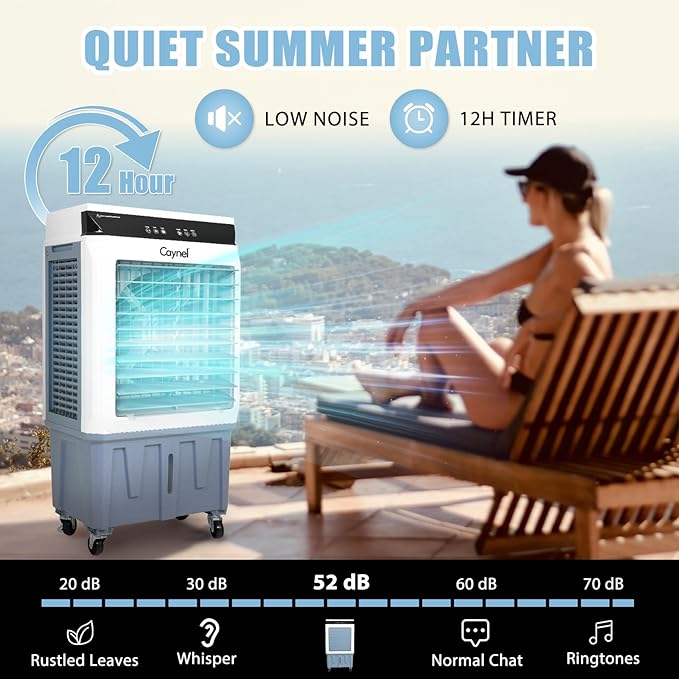 CAYNEL Evaporative Air Cooler, 120W Cooler with 8 Gallon Water Tank, Touch Screen and Remote Control, 12 Hour Timer, 3 Fan Speeds, Outdoor Air Cooler for Yard, Patio, Porch, Factory