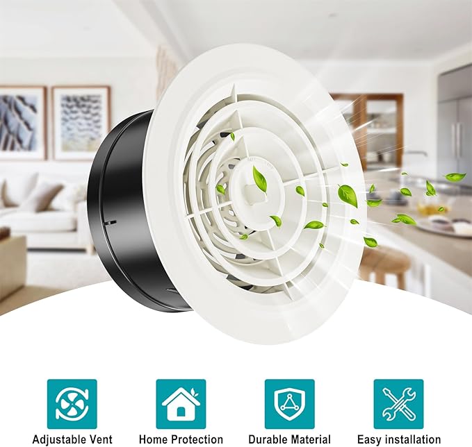HG POWER 5 Inch Soffit Vent，Round Air Vent Cover with Louver, ABS Adjustable Ceiling Vent Covers for Living Room, Bathroom, Kitchen, Greenhouse, Ventilation System, White - Opening Size 4.57"