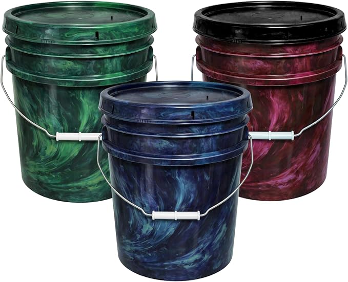 MKS Plastics 5-Gallon Bucket with Airtight Lid – Made in USA, Food Grade BPA Free Plastic, Heavy Duty Multi-Use, Metal Handle with Grip, Stackable Storage – Mystery Swirl, 3 Pack