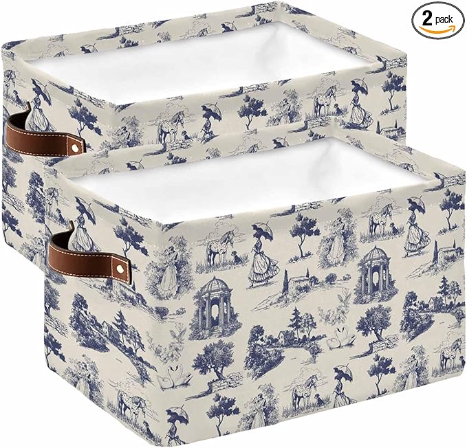 Farmhouse Country Storage Bins Cubes Waterproof Cloth Storage Basket, Vintage Blue French Garden Horse Swan Foldable Storage Bags for Shelf Closet Clothes Organizers with Handles 15x11x9.5 in 2PCS