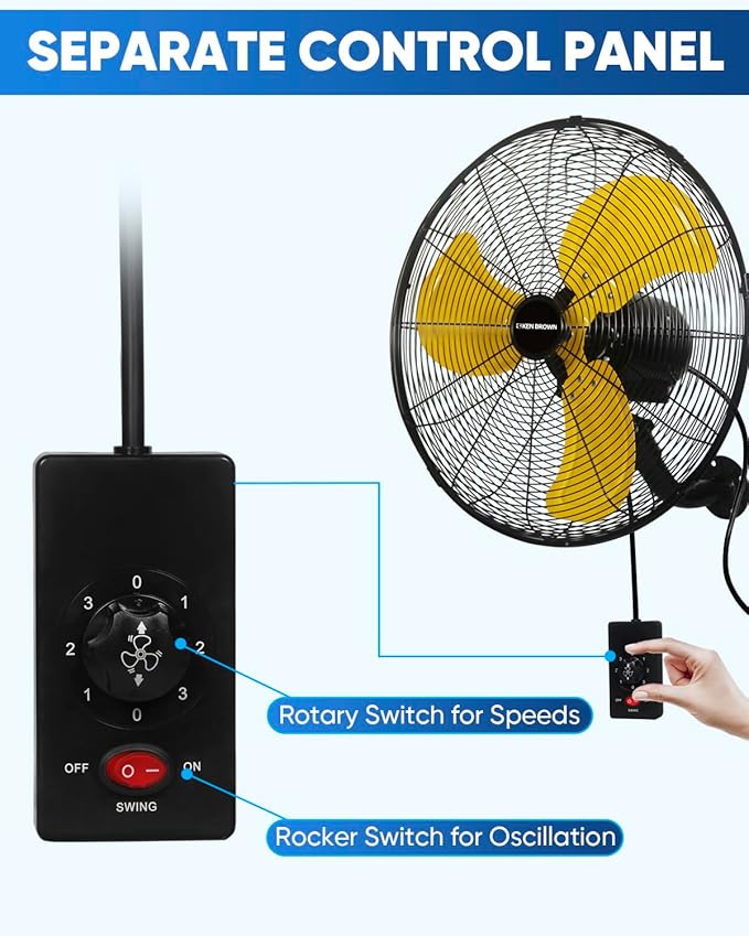 KEN BROWN 20 Inch Industrial Oscillating Wall Mount Fan, 4,460 CFM High Velocity Industrial Wall Fan for Indoor, Commercial, Residential, Warehouse, Greenhouse, Workshop, Basemen