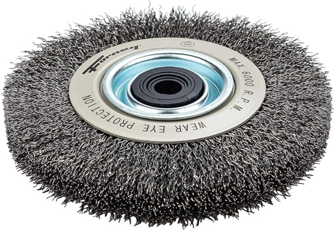 Forney 72895 Wire Bench Wheel Brush, Industrial Pro Crimped with 1/2-Inch Through 2-Inch Multi Arbor, 6-Inch-by-.012-Inch