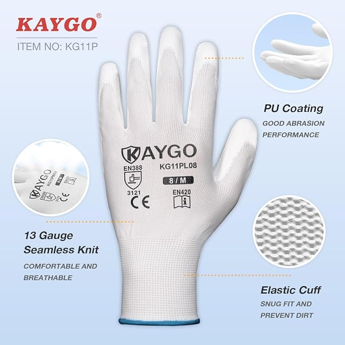 KAYGO Work Gloves for Men and Women, 12 Pairs Seamless Knit PU Coated Safety Gloves, with Smooth Grip on Palm and Fingers, Ideal for Light Warehouse, Manufacturing, Gardening, KG11P (M, White)