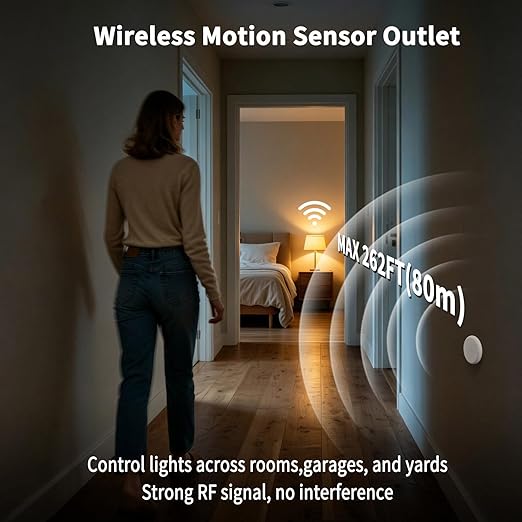 NineLeaf Wireless Motion Sensor Outlet, 15A/1500W, Adjustable Sensing Mode, 260FT Wireless Light Switch Transmitter, No Wiring, Long Time Delay, for Lights, Bathroom Fan, Garage(1Sensor 1Plug)