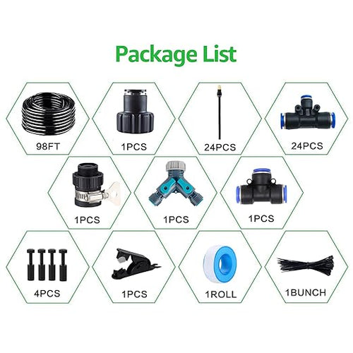 100FT Drip Irrigation Kit, Automatic Garden Watering System with Tool-Free Quick Connectors, 360° Bending Droppers & Copper Misting Nozzles for Greenhouse, Patio, Lawn & Vegetable Garden. (30M)