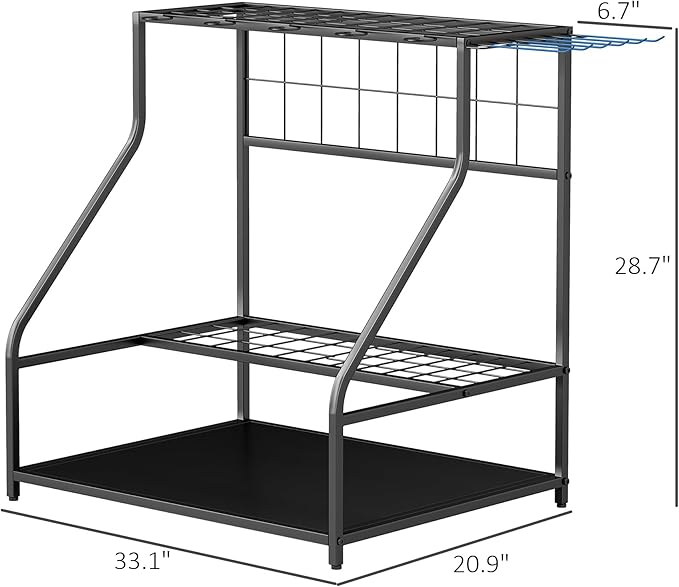 Outsunny Garden Tool Organizer for Garage, 3-Tier Yard Tool Storage Rack with Hooks for Long-Handled, Broom, Shovel, Rake, Metal Garden Tool Storage for Shed, Yard, Garage, Blue