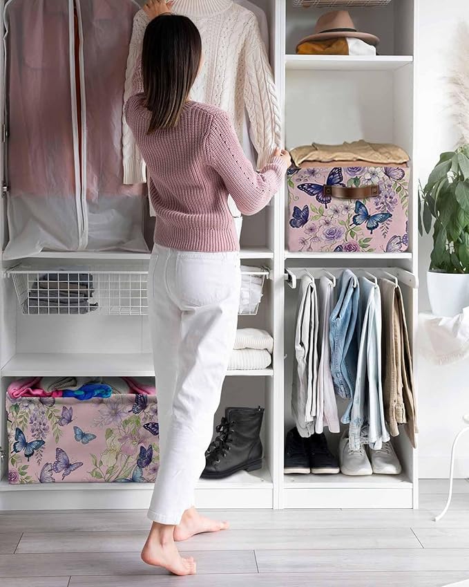 Pink Flowers Storage Bins Cubes Waterproof Cloth Storage Basket,Spring Floral Purple Butterflies Farmhouse Foldable Storage Bags for Shelf Clothes Storages Organizers with Handles 15x11x9.5 in 2PCS