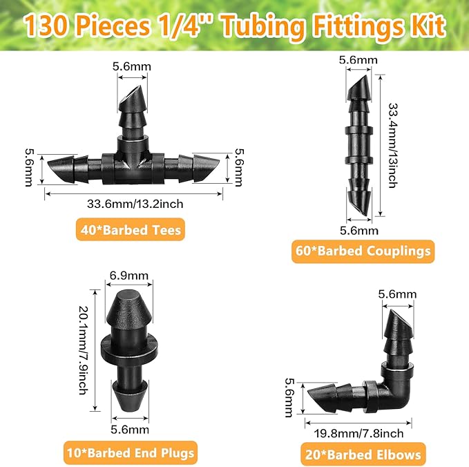 1/4 Inch Drip Irrigation Fittings Kit, 130 Pieces Drip Irrigation Parts for 1/4" Irrigation Tubing for Garden Lawn, Drip Line Barbed Connectors - 60 Couplings, 40 Tees, 20 Elbows, 10 End Plugs