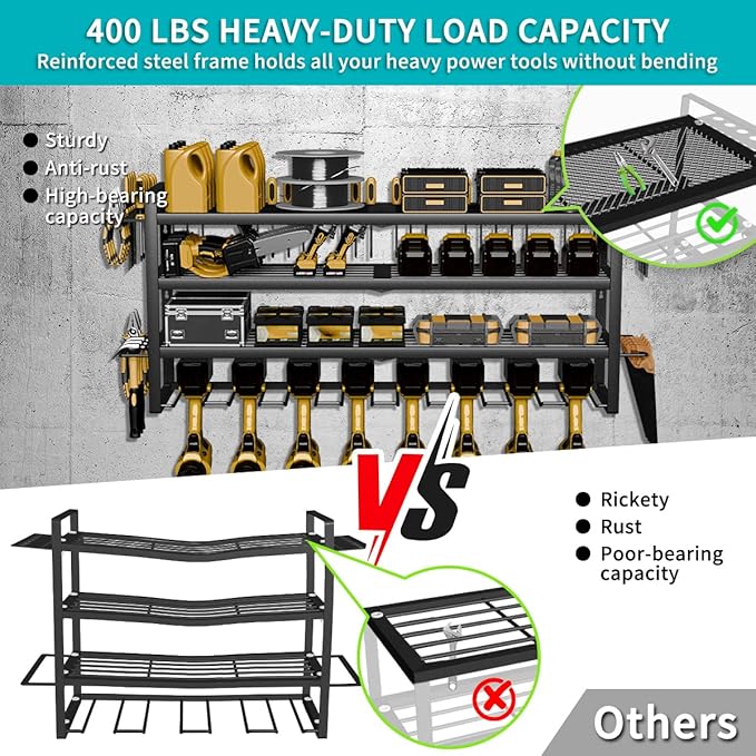 Power Tool Organizer Wall Mount Loads 400lbs, 4 Layers Heavy Duty Tool Organizers and Storage, Cordless Tool Rack with 8 Drills Holder, for Garage Workshop Shed Tool Room Garden