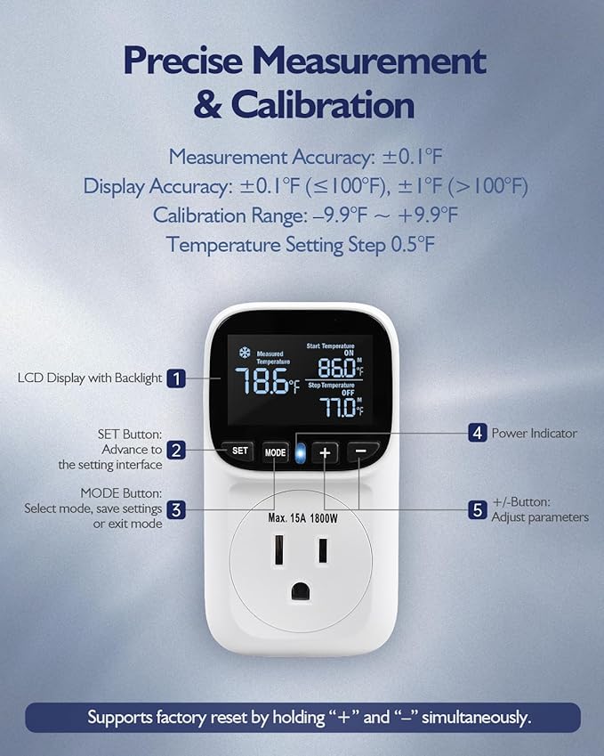 Digital Temperature Controller, Heating & Cooling Thermostat Plug Outlet, –40°F~210°F, 15A 1800W, LCD Display, Temperature Controlled Outlet for Home, Greenhouse, Chicken Coop, Reptile