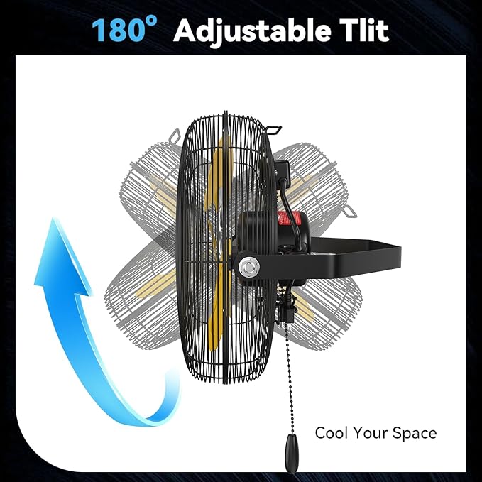 12 Inch High Velocity Wall Mount Fan, 2500 CFM Industrial Metal Air Circulator, 3-Speed Commercial Wall Fan with 180° Tilt, Pull Chain, for Garage, Workshop, Gym, Patio - UL Listed