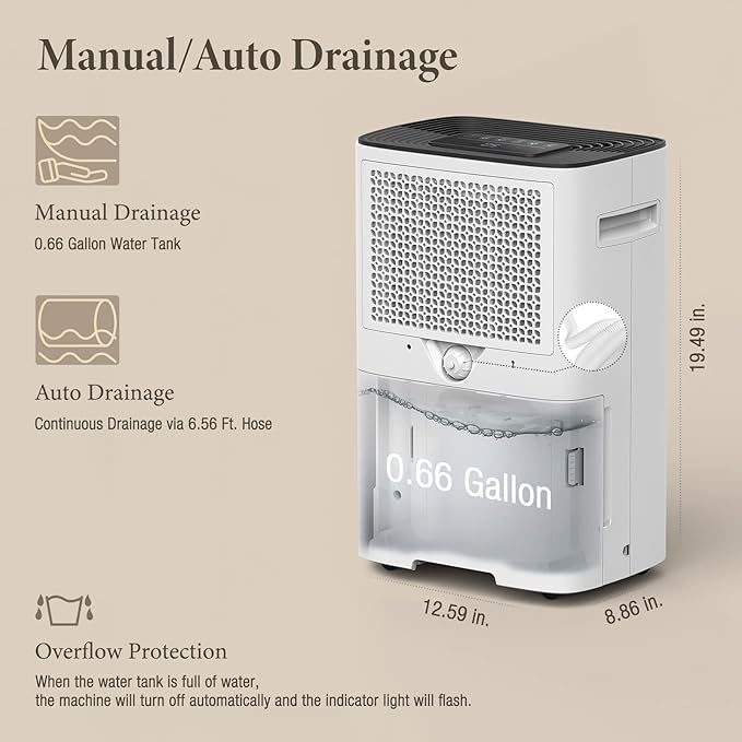 4500 Sq. Ft Dehumidifier with Drain Hose - Ideal for Bedrooms, Basements, Bathrooms, and Laundry Rooms - with Digital Control Panel, 24 Hr Timer, and Front Humidity Display