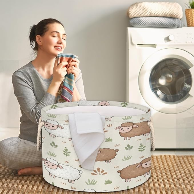 Large Storage Baskets - Farm Animal Sheep Nursery Round Organizer Bin Box, Collapsible Laundry Hamper for Kids Toys, Blanket, Bedroom Living Room Home Decor, Gift Basket, 19.4"x13.3"