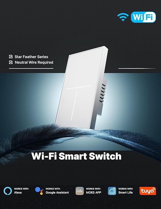 MOES Full Touch Smart Switch, SF(Star Feather 2026 Version) Wall Light Switch, Neutral Wire Required, Anti-Glare Panel, 2.4GHz WiFi Work with Smart Life/Tuya App, Alexa and Google Home White 3 Gang