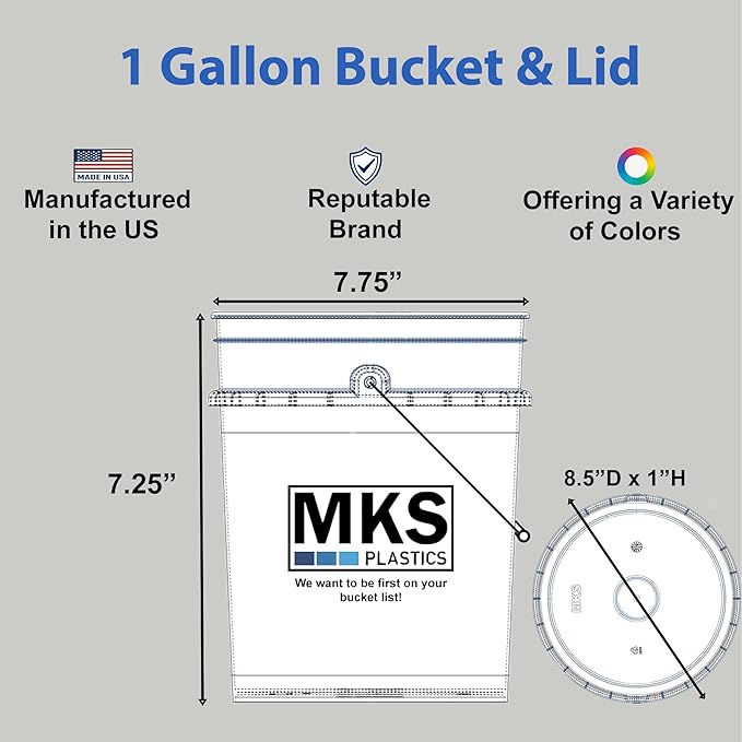 MKS Plastics 1-Gallon Bucket with Airtight Lid – Made in USA, Food Grade BPA Free Plastic, Heavy Duty Multi-Use, Metal Handle with Grip, Stackable Storage – Black, 1 Pack