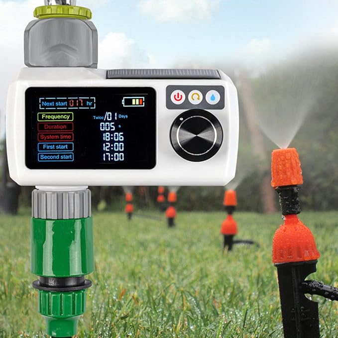 Solar Sprinkler Timer, Programmable Water Timer for Garden Hose with Rain Delay & Self Inspection, IP68 Automatic Irrigation Timer for Drip Irrigation and Lawn Watering System