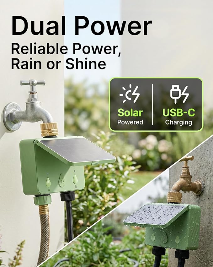 WiFi Water Timer for Garden Hose 2-Pack with Hose Splitter, 2-Zone Solar Powered Smart Irrigation Controller with Flow Meter, Rain Delay & Auto Irrigation, Brass Inlet, No Hub Required