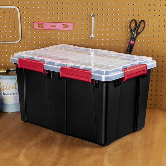 Sterilite 8 Pack Gasket Box, Stackable Plastic 13.5 Gallon Storage Container with Lids, Black - Waterproof and Dustproof Tote for Home Organization