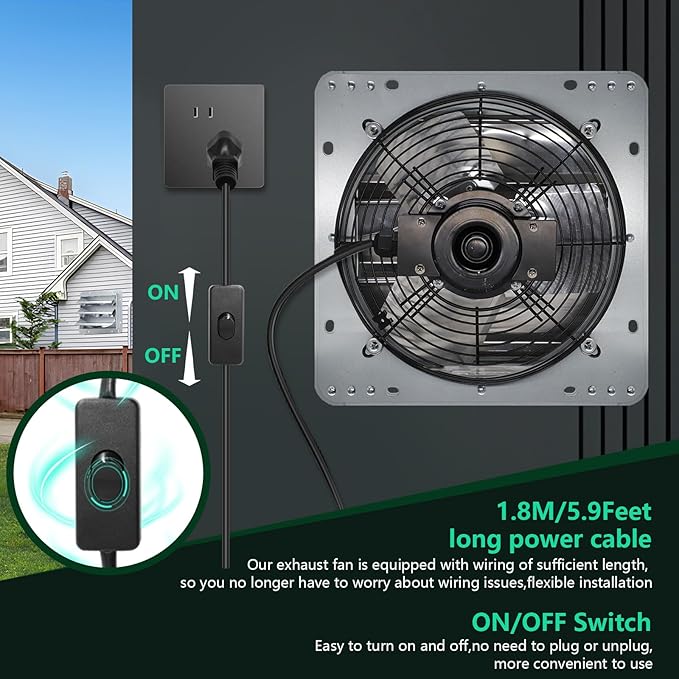 Shutter Exhaust Fan,7 inch Wall Mount Vent Fan with ON/OFF Switch,1600 RPM,760 CFM Attic Ventilator Fan for Greenhouse, Gable, Barn, Garage, Shed,Chicken Coops Ventilation Fans