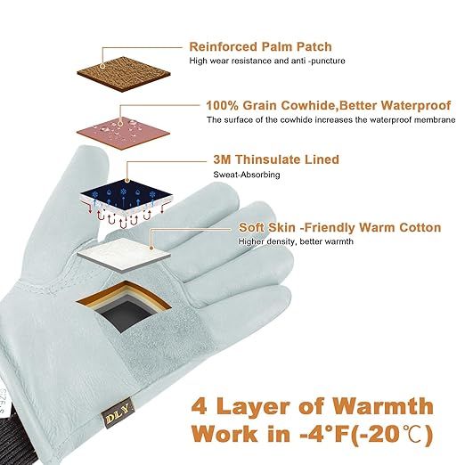 DLY Winter Gloves Women, Insulated, Puncture and Abrasion Resistant, Cowhide Leather with Warm Thinsulate Lining for Cold Weather, XX-Large, White, New