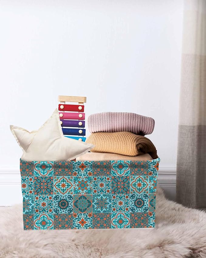 Retro Middle Century Storage Bins Cubes Waterproof Cloth Storage Basket,Rustic Bohemia Style Aztec Blue Foldable Storage Bags for Shelf Clothes Storages Organizers with Handles 15x11x9.5 in 1PCS