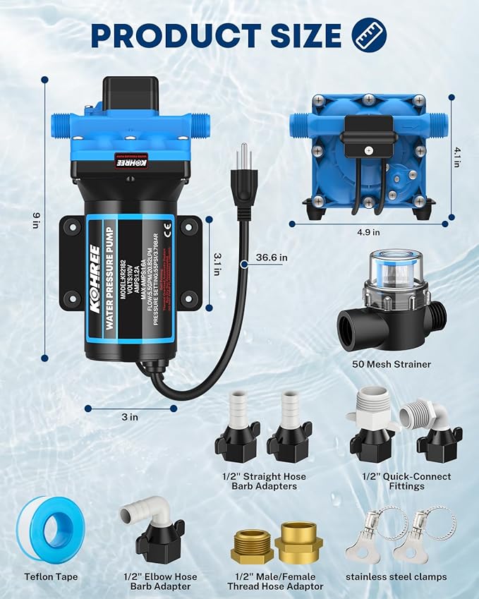 Kohree 110V AC Water Pressure Pump, 5.5GPM 55 PSI, On Demand Self-priming RV Fresh Water Pump, 4-Chamber Diaphragm Pump with Pressure Switch and Strainer for RV, Marine, Garden, Kitchen, Bathroom