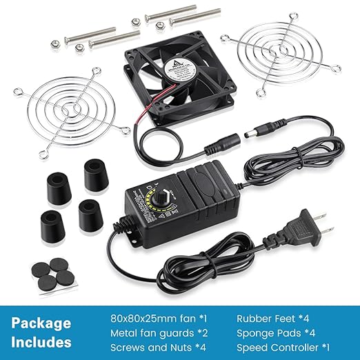 GDSTIME 80mm x 25mm Computer Fan with AC Plug, 100V-240V Variable Speed Controller for Modem Terrarium Router Receiver DVR PlayStation Xbox Component AV Cabinet Cooling
