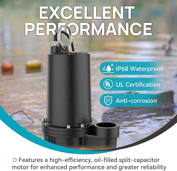 2/5HP Cast Iron Sewage Pump, 5995GPH Submersible Effluent Pump with 20ft Cord, Ideal for Basement/Sump Applications – Commercial-Grade Drainage System, 2'' NPT Discharge