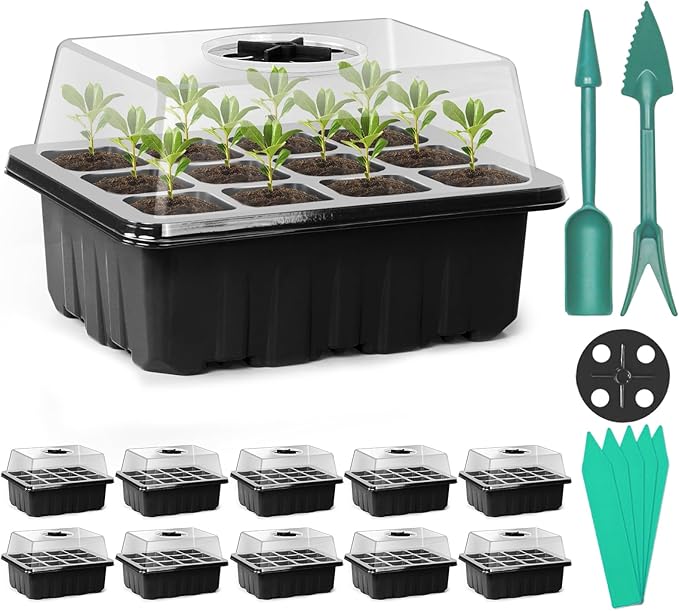 Sfee 10 Pack Seed Starter Tray Kit, 120 Cells Seedling Starter Trays with Humidity Dome and Base Greenhouse Growing Trays, Reusable Seedling Tray with Garden Tools Labels (Black)