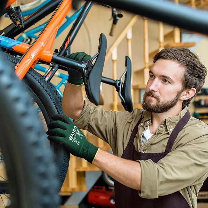 KAYGO Work Gloves for Men and Women,12 Pairs Seamless Knit PU Coated Safety Gloves, with Smooth Grip on Palm and Fingers, Ideal for Light Warehouse, Manufacturing, Gardening, KG11P (M,Dark Green)