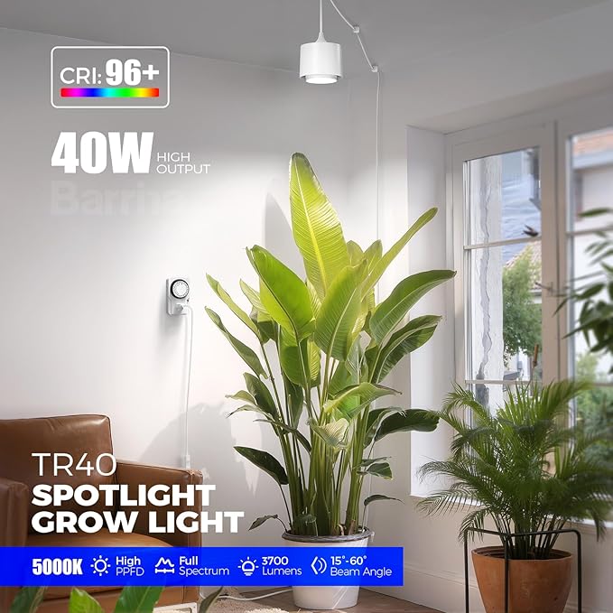 Barrina TR40 Hanging Plant Lights for Indoor Growing, 40W 5000K Full Spectrum, Adjustable Beam Angle (15°-60°), High PPFD, Spotlight Grow Light with Timer for Indoor, Large Tall Plant, Flowers, White