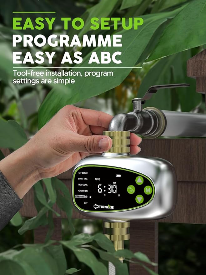 Sprinkler Controller with Soil Moisture Sensor: 1 Zone Water Timer for Garden Hose, Rain Delay & Brass Inlet Programmable Hose Timer, Automatic Drip Irrigation System for Yard Lawn Greenhouse