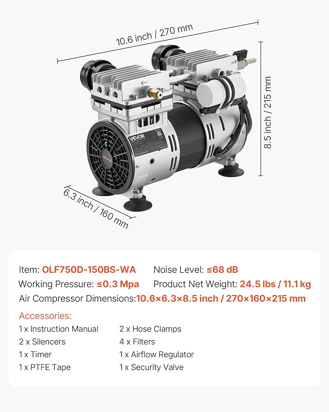 VEVOR Pond Aerator, 6.7CFM 1 HP Air Compressor, Lake Aerator for Ponds up to 3 Acres, Overheat Protection & Anti-Backflow Valve, 745W Powerful Motor, Pond Aeration Pump for Water Oxygen Circulation