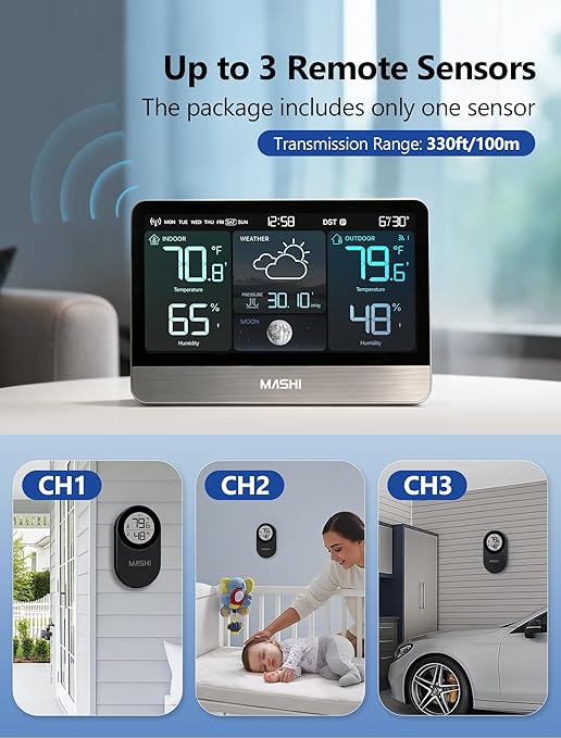 MASHI Weather Station with 8.8" Color Display, Wireless Indoor Outdoor Thermometer Hygrometer, Atomic Clock, Accurate Weather Forecast, 5-Level Brightness,Easy for Seniors, Bedroom, Garden, Kitchen