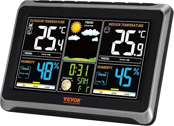 VEVOR Weather Station Indoor Outdoor, 7.5 in Color Display, Wireless Digital Home Weather Station, with Sensor Atomic Clock Adjustable Backlight Forecast Data Calendar Alarm Alert Temperature-NO WiFi