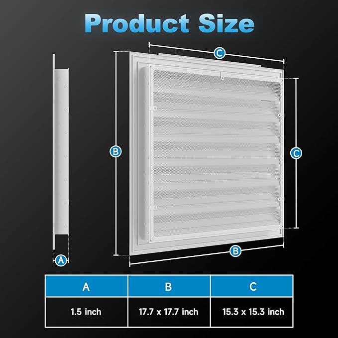 18" X 18" Gable Vents, Hon&Guan Aluminum Alloy Attic Vent with Removable Filter Mesh for Houses Door Vents for Exterior Doors [Vent Opening: 15.3” x 15.3”], White